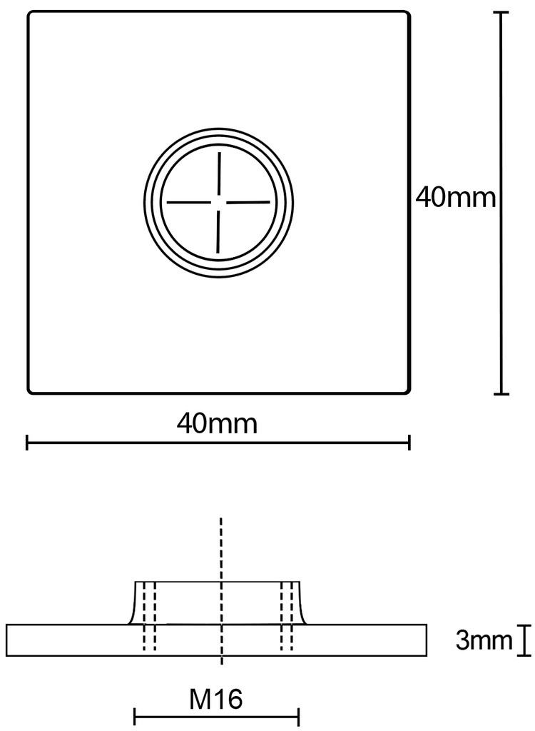 40x40x3mm M16 Stainless steel weld on plate AISI 304/A2 - Dimensions