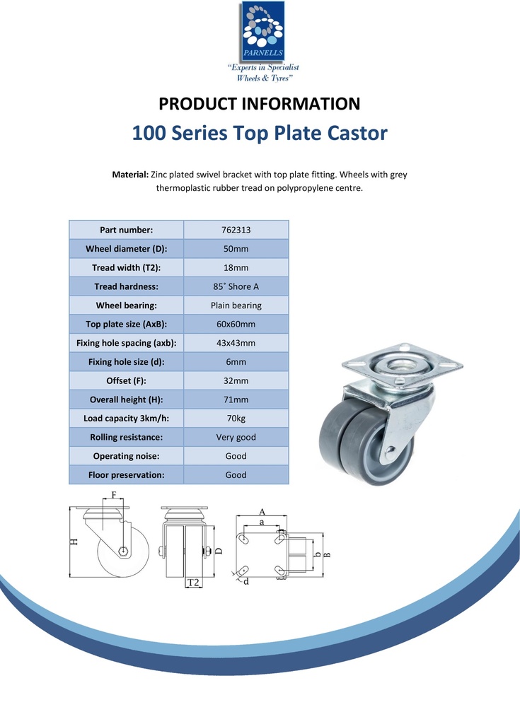100 series 2x50mm swivel top plate60x60mm castor with grey TPR-rubber on polypropylene centre plain bearing wheels 70kg - Spec Sheet