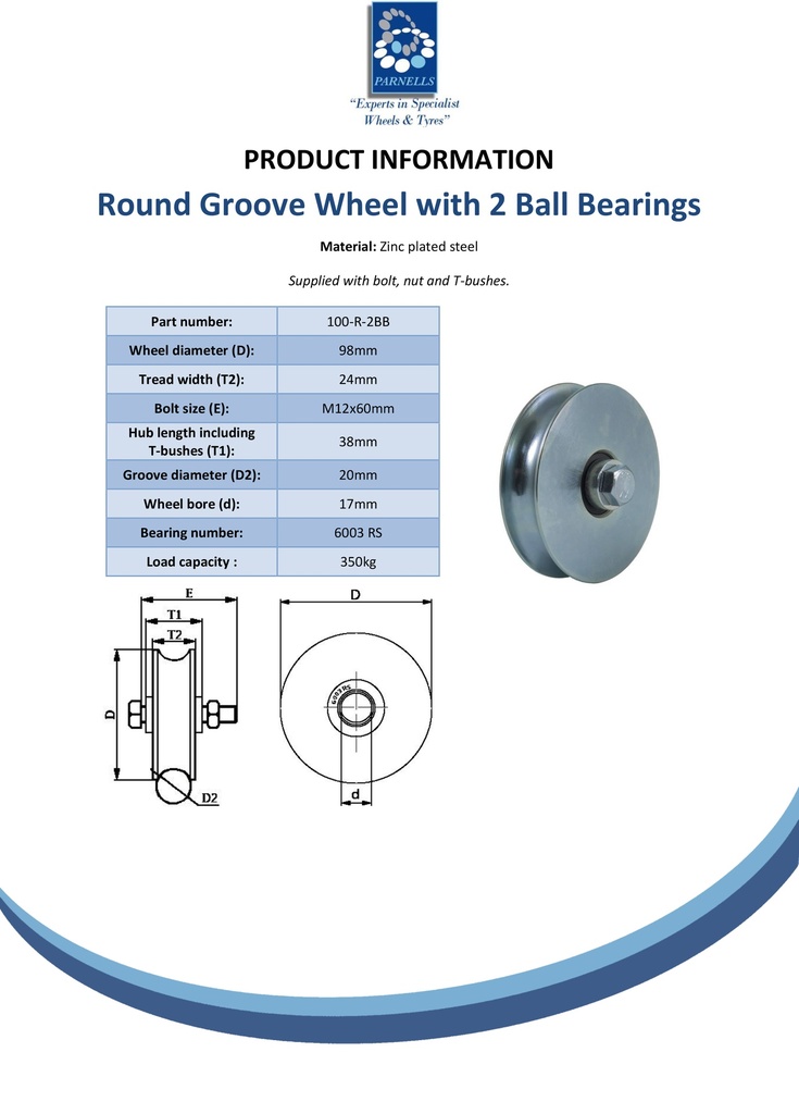 100mm Round groove wheel with 2 ball bearing 350kg - Spec sheet