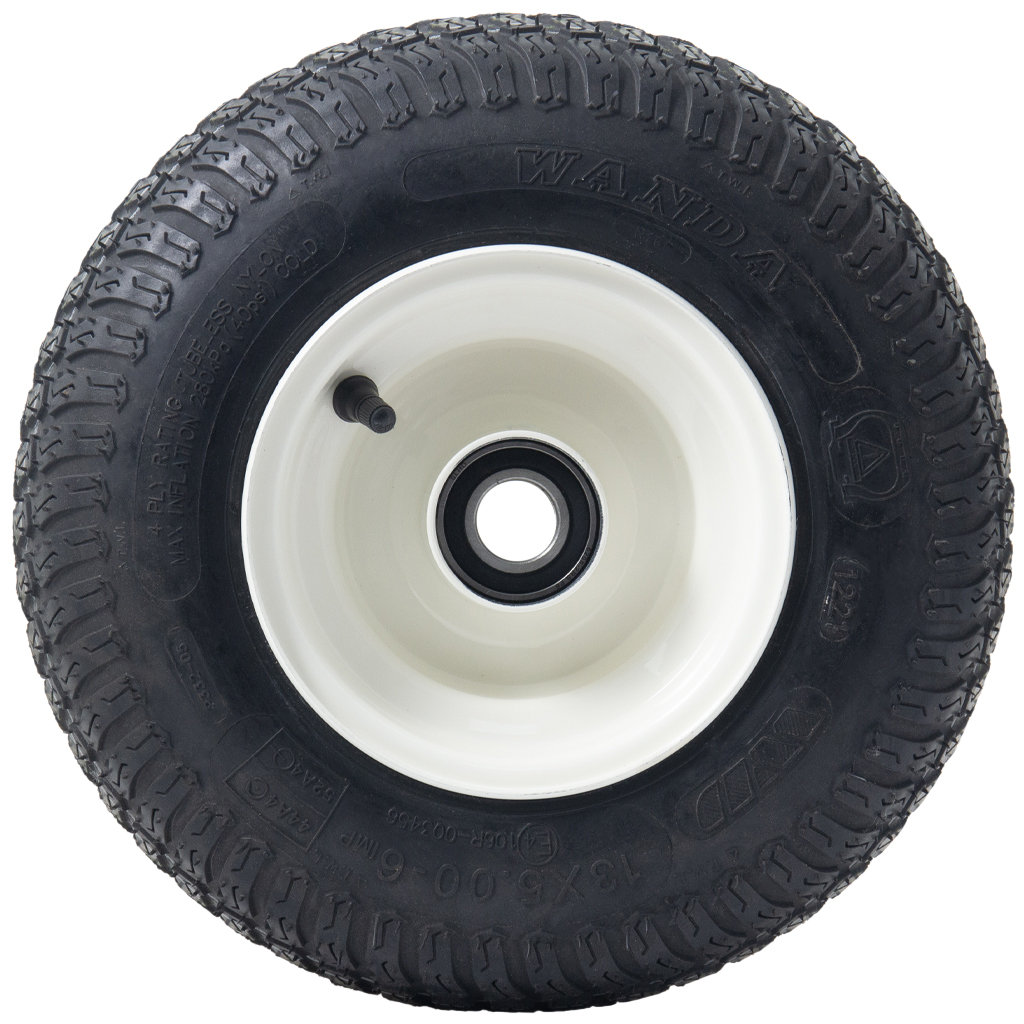 13x5.00-6 4pr Journey P332 Grass tyre TL on 4.50x6 rim 20x80mm ball bearing White + cap side view