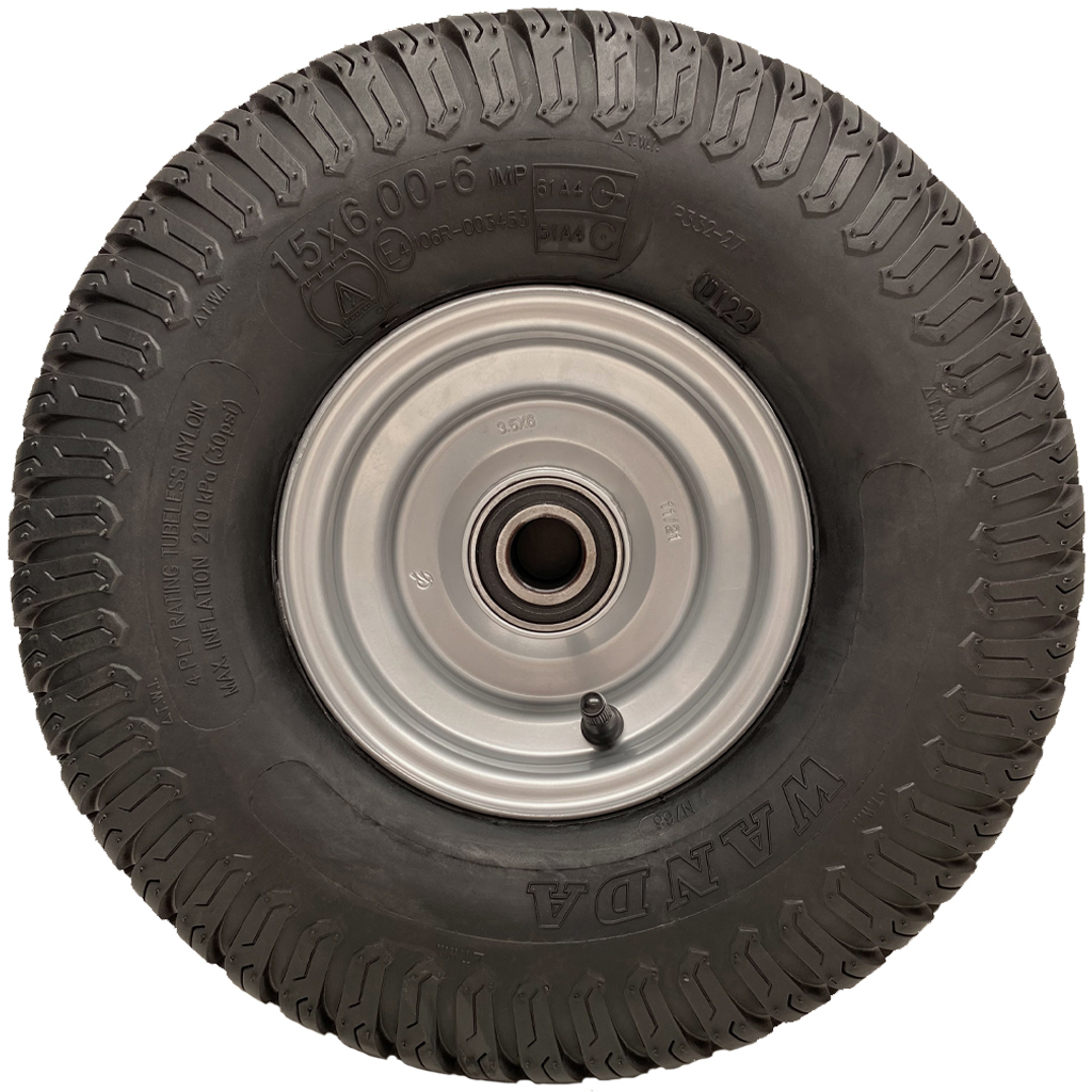 15x6.00-6 4pr Journey P332 grass tyre E-marked on steel rim 20mm ball bearing 65mm hub length side view
