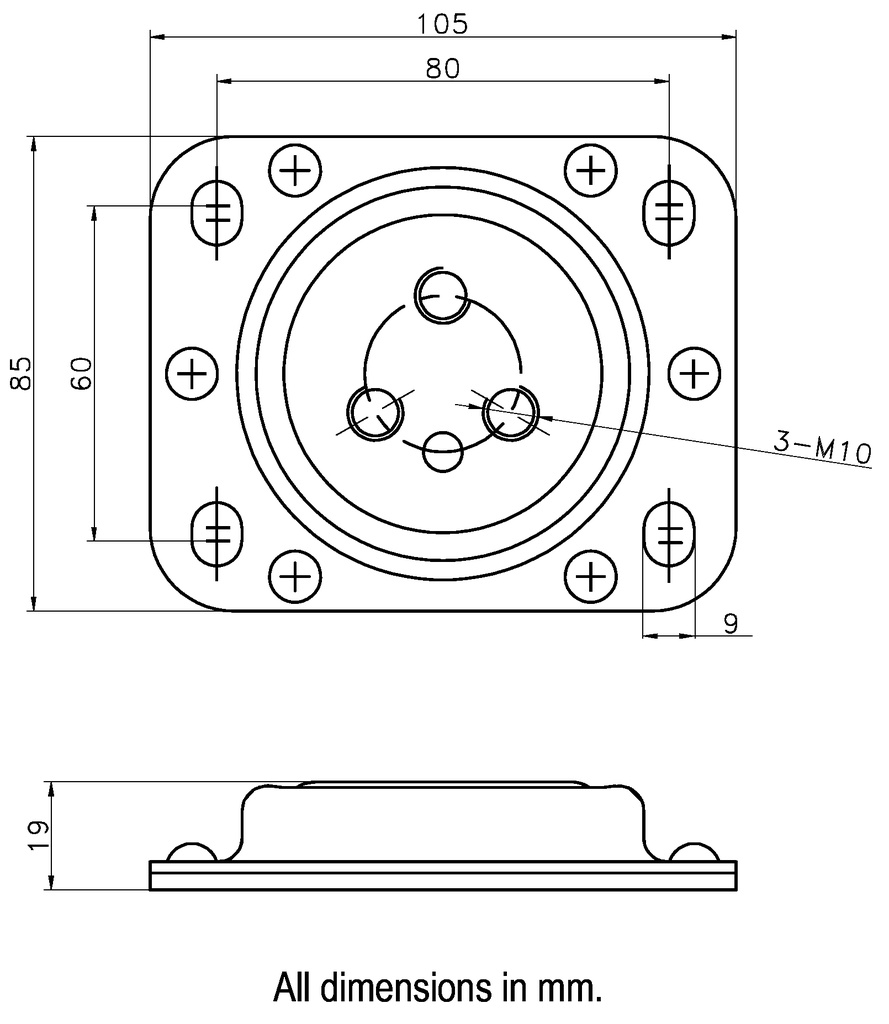 Swivel plate 105x85mm, 350kg - Dimensions