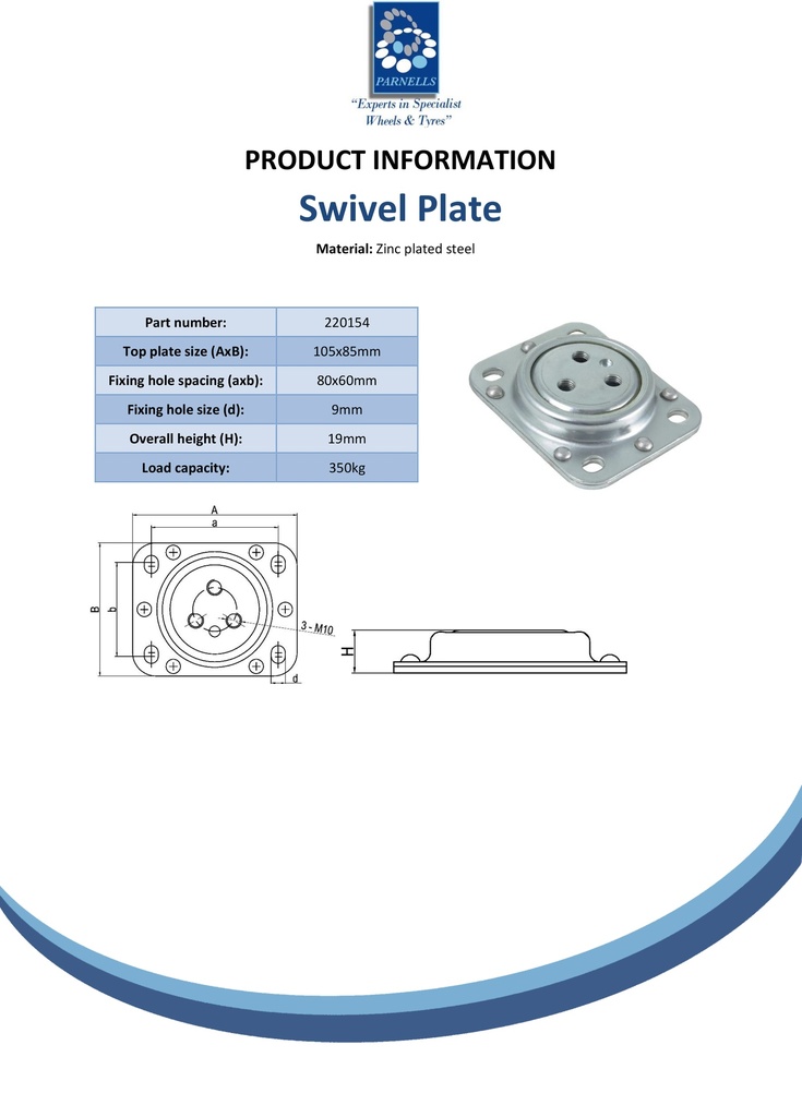 Swivel plate 105x85mm, 350kg - Spec sheet