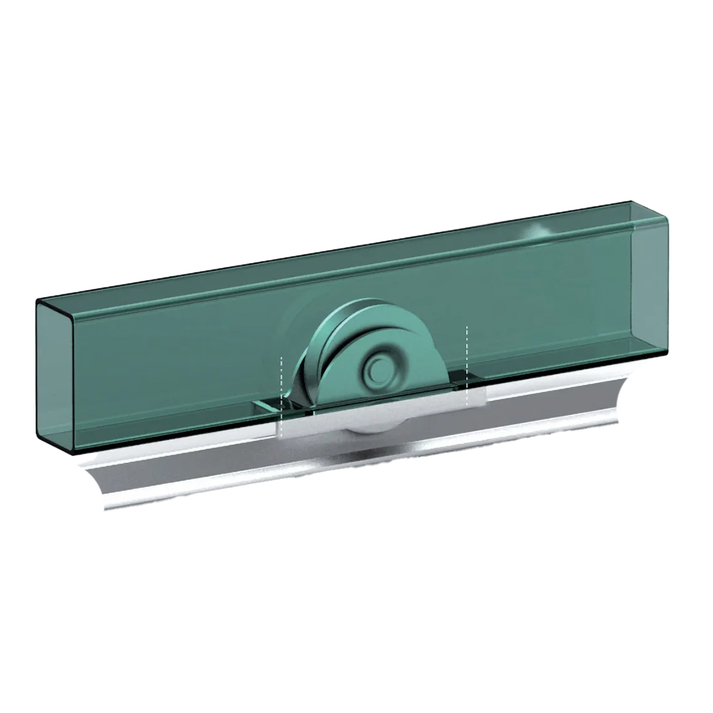 60mm Round groove wheel in 2-hole support bracket - Picture wheel on track