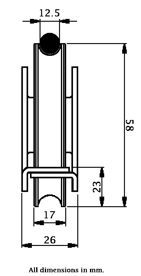 60mm Round groove wheel in 2-hole support bracket - Dimensions