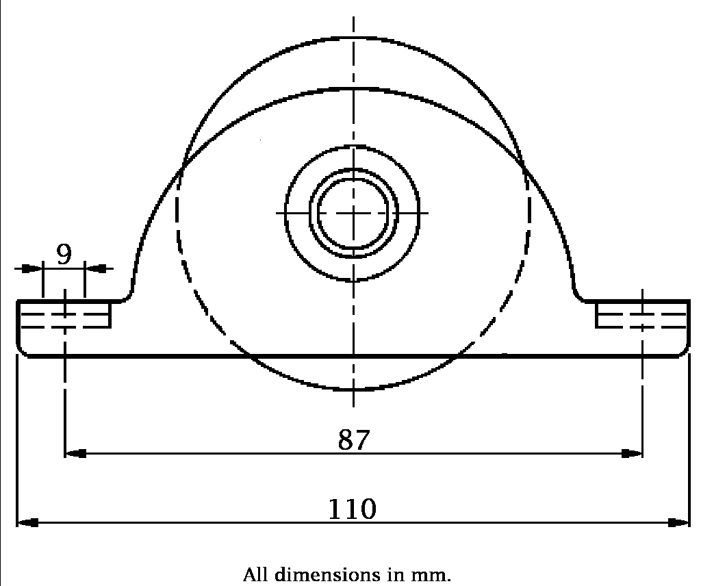 60mm Round groove wheel in 2-hole support bracket - Dimensions from side