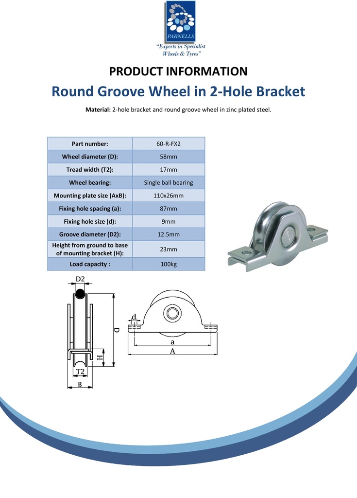 60mm Round groove wheel in 2-hole support bracket - Spec sheet