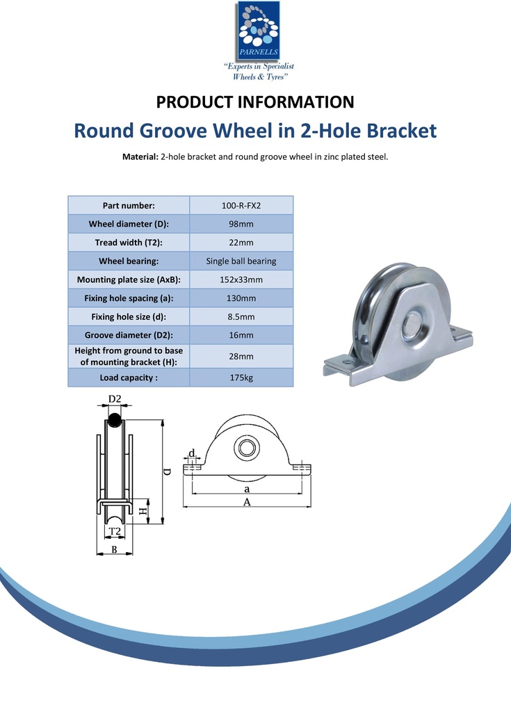 100mm Round groove wheel in support bracket - Spec sheet