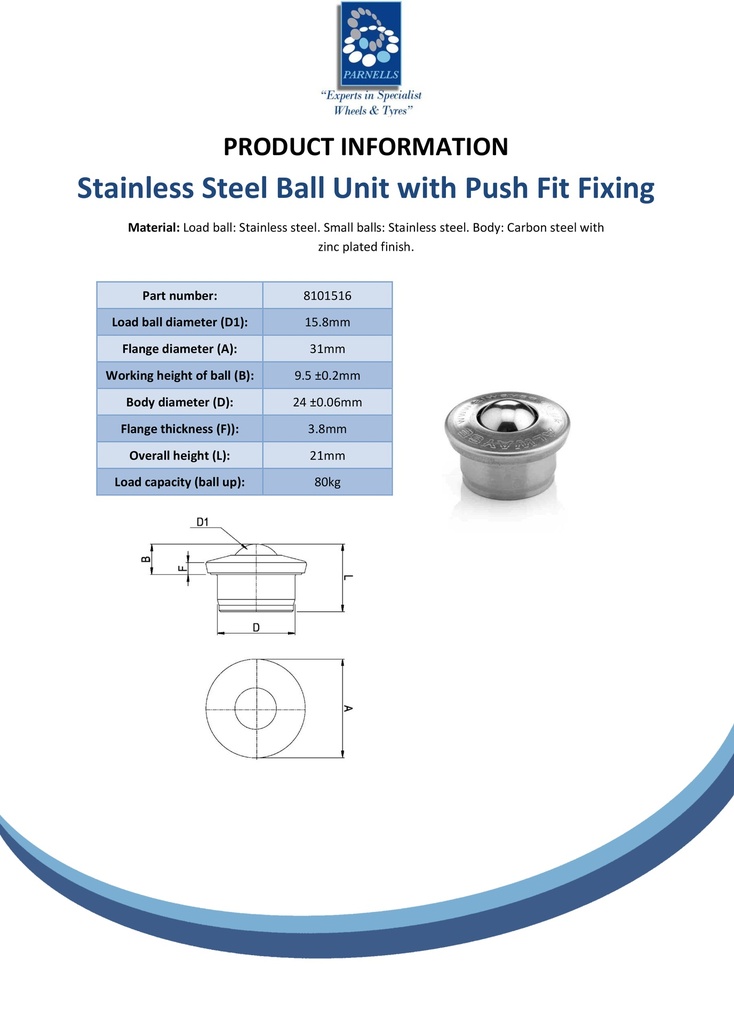 Ball Transfer Unit Heavy Duty 800 Series Stainless Steel Load Ball Diameter 15.8mm - Spec sheet