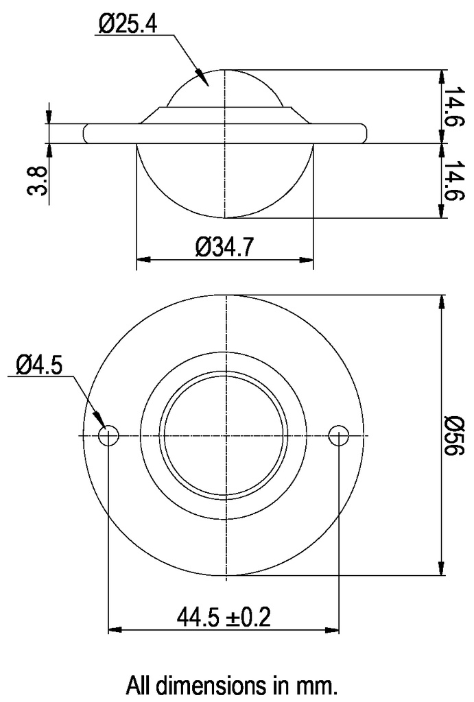 Ball Transfer Unit Flange Fixing Series Carbon Chrome Load Ball Diameter 25.4mm - Dimensions