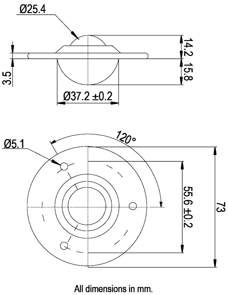 Ball Transfer Unit Flange Fixing Series Carbon Chrome Load Ball Diameter 25.4mm - Dimensions