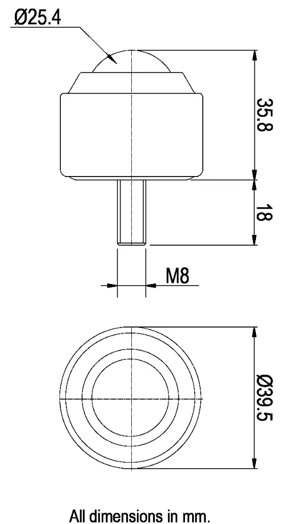 Ball Transfer Unit Thread Fixing Series Carbon Chrome Load Ball Diameter 25.4mm - Dimensions