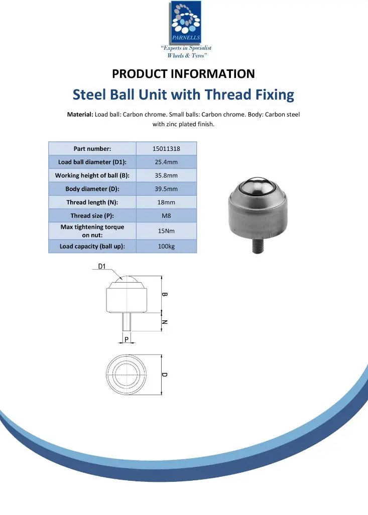 Ball Transfer Unit Thread Fixing Series Carbon Chrome Load Ball Diameter 25.4mm - Spec sheet