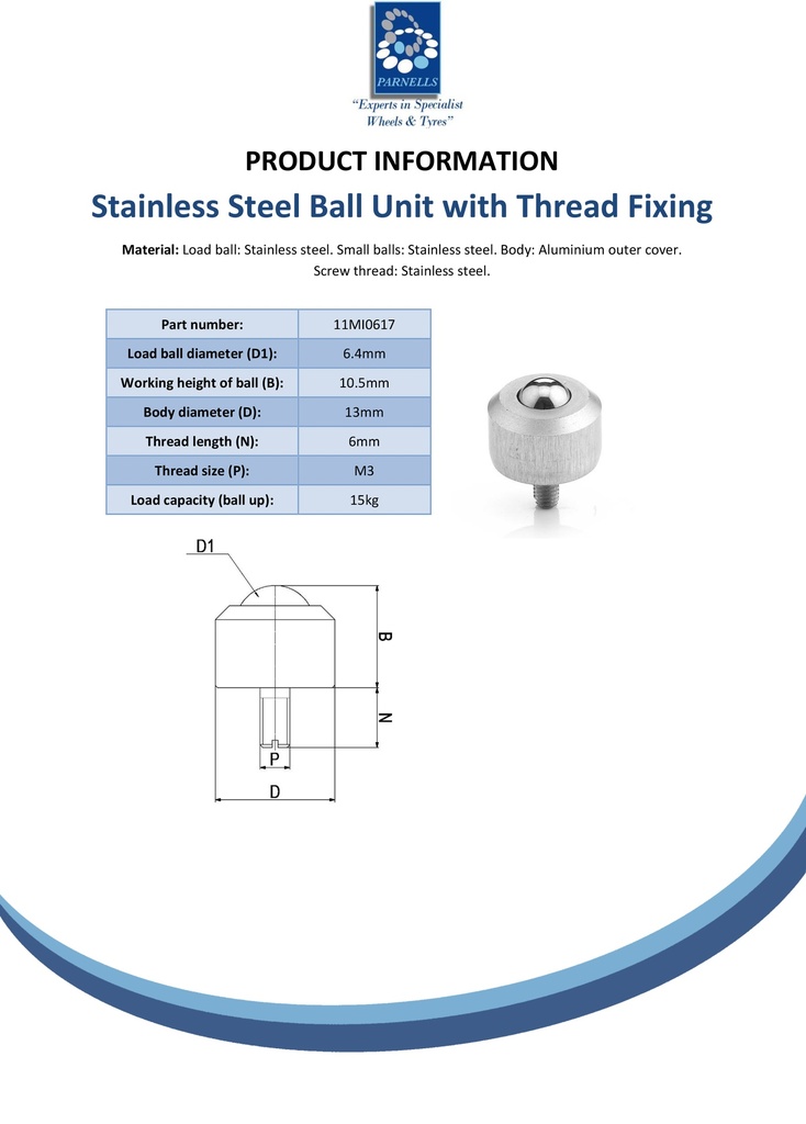 Ball Transfer Unit Mini Ball Series Stainless Steel Load Ball Diameter 6.4mm - Spec sheet