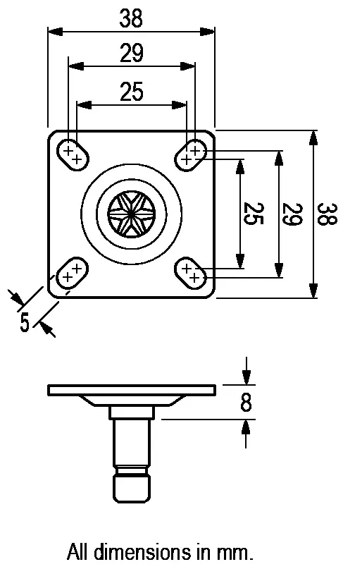 38x38mm top plate stem for twin wheel castor - Dimensions