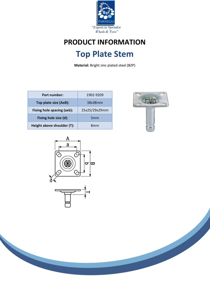 38x38mm top plate stem for twin wheel castor - Spec sheet