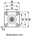 GRX30 Series 2x30mm black twin wheel swivel/brake top plate 38x38mm castor with black nylon wheels 50kg - Top Plate dimensions