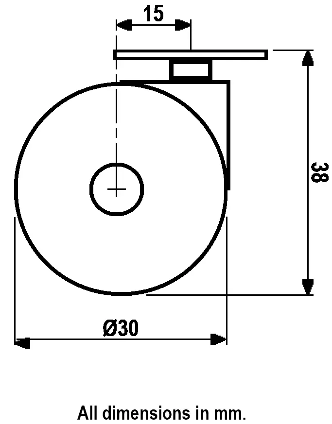 GRX30 Series 2x30mm black twin wheel swivel top plate 38x38mm castor with grey polyurethane tread on black nylon centre wheels 40kg - Dimensions from side
