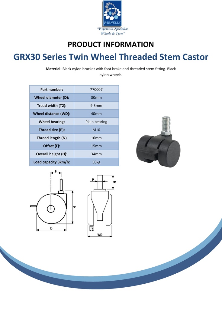 GRX30 Series 2x30mm black twin wheel swivel/brake threaded stem M10x16mm castor with black nylon wheels 50kg - Spec sheet