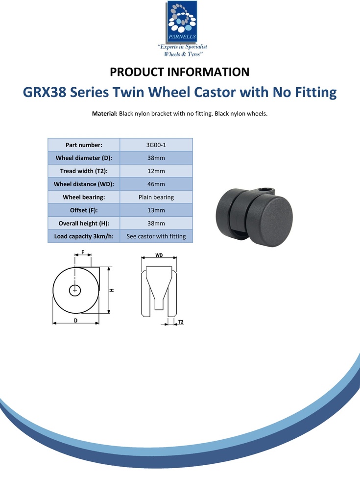 GRX38 Series 2x38mm black twin wheel castor with black nylon wheels, no fitting, 50kg - Spec sheet