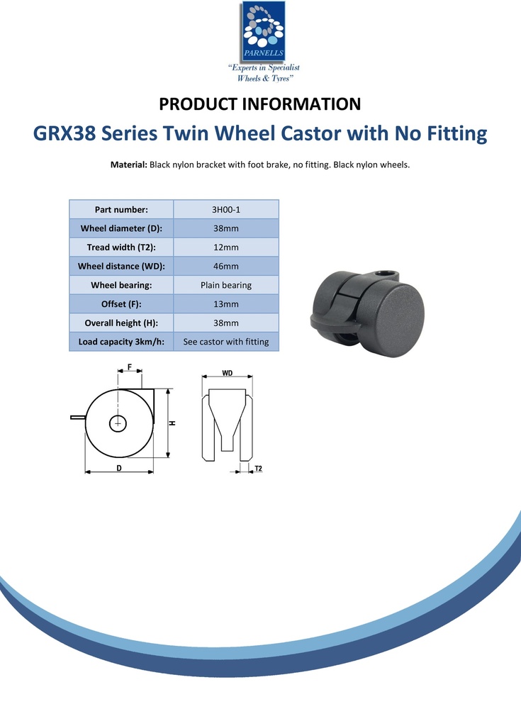 GRX38 Series 2x38mm black twin wheel castor with foot brake, no fitting,  black nylon wheels, 50kg - Spec sheet