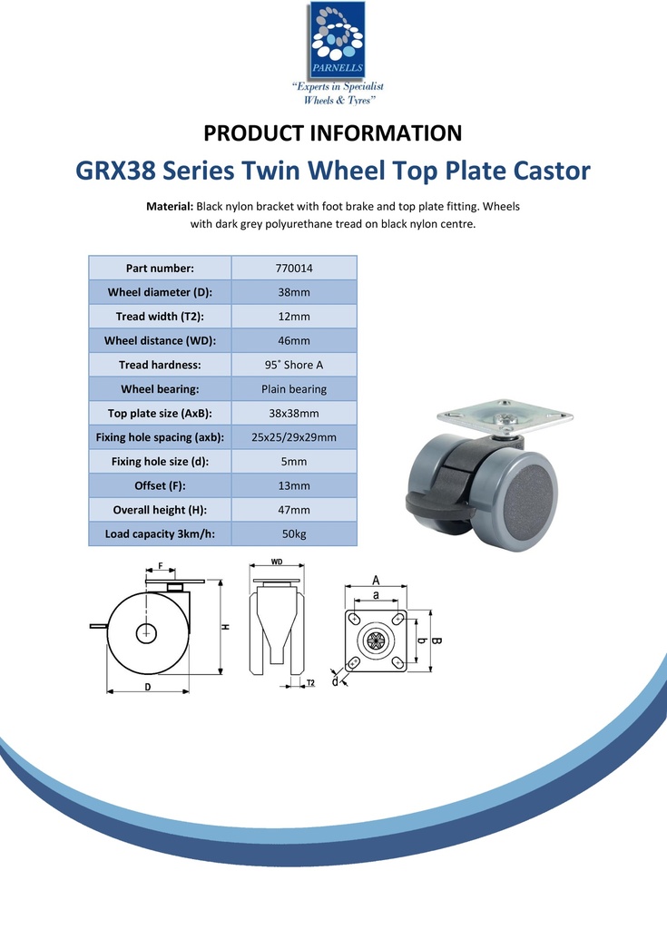 GRX38 Series 2x38mm black twin wheel swivel/brake top plate 38x38mm castor with grey polyurethane tread on black nylon centre wheels 50kg - Spec sheet