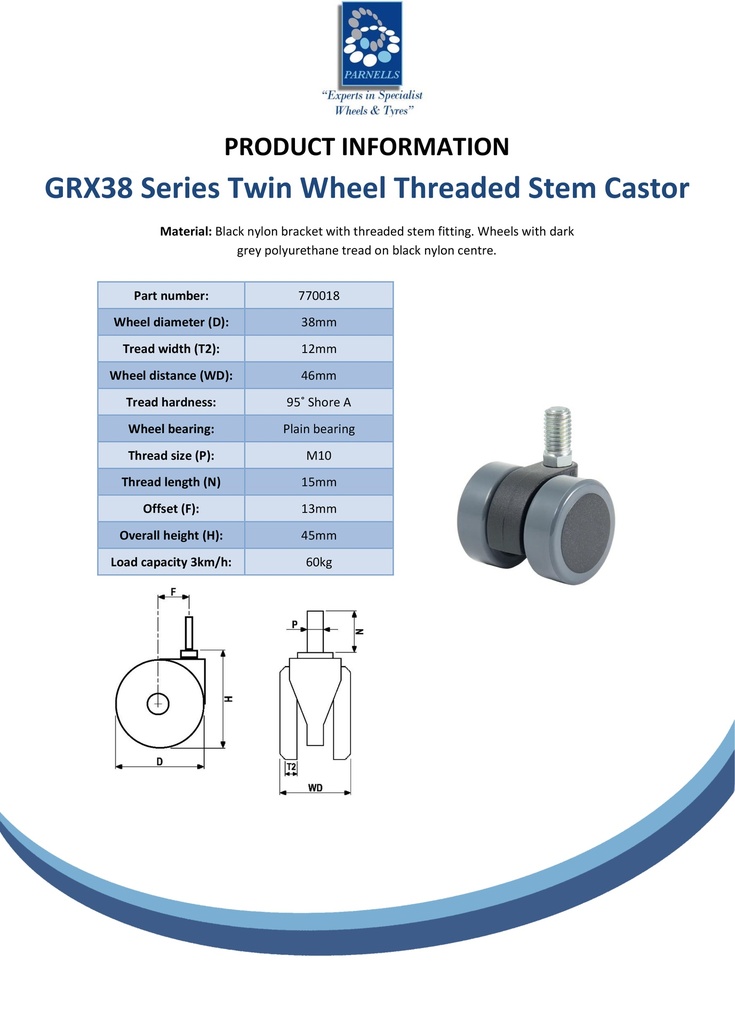 GRX38 Series 2x38mm black twin wheel swivel threaded stem M10x15mm castor with grey polyurethane tread on black nylon centre wheels 50kg - Spec sheet