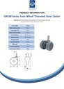 GRX38 Series 2x38mm black twin wheel swivel threaded stem M10x15mm castor with grey polyurethane tread on black nylon centre wheels 50kg - Spec sheet