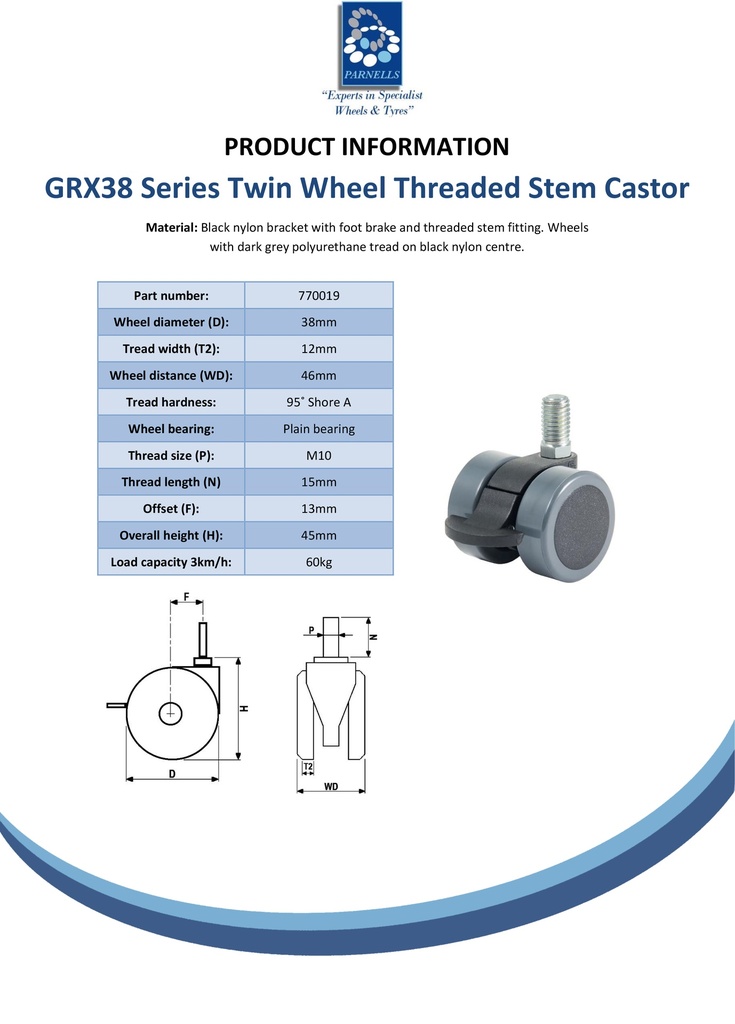GRX38 Series 2x38mm black twin wheel swivel/brake threaded stem M10x15mm castor with grey polyurethane tread on black nylon centre wheels 50kg - Spec sheet