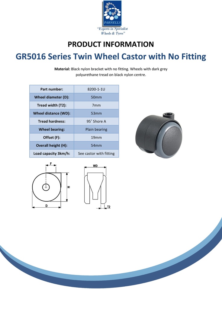 GR5016 Series 2x50mm black twin wheel castor with grey polyurethane tread on black nylon centre wheels, no fitting, 50kg - Spec sheet