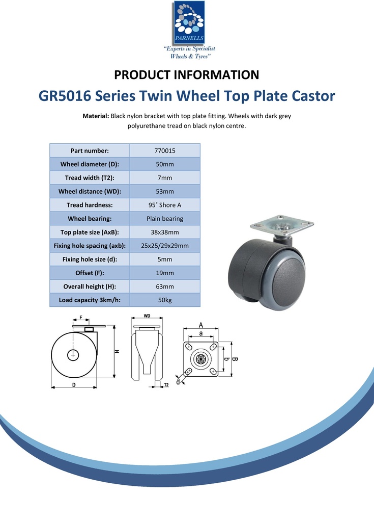 GR5016 Series 2x50mm black twin wheel swivel top plate 38x38mm castor with grey polyurethane tread on black nylon centre wheels 50kg - Spec sheet