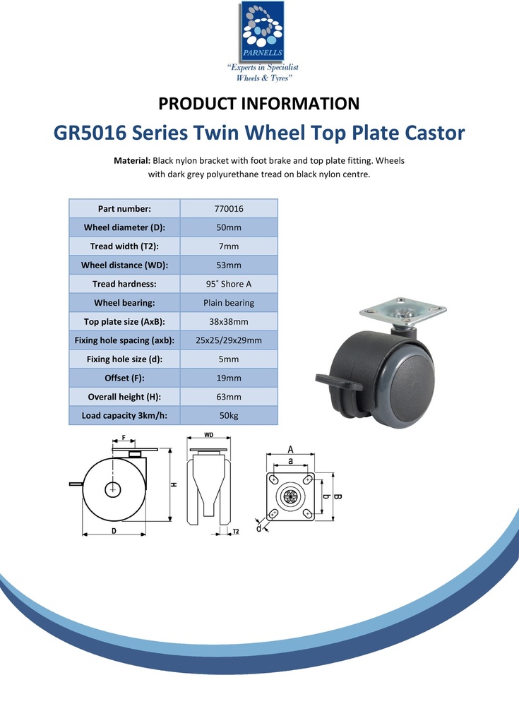 GR5016 Series 2x50mm black twin wheel swivel/brake top plate 38x38mm castor with grey polyurethane tread on black nylon centre wheels 50kg - Spec sheet