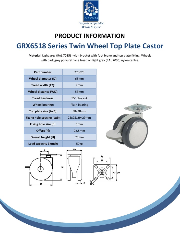 GRX6518 Series 2x65mm light grey twin wheel swivel/brake top plate 38x38mm castor with dark grey polyurethane tread on light grey nylon centre wheels 50kg - Spec sheet