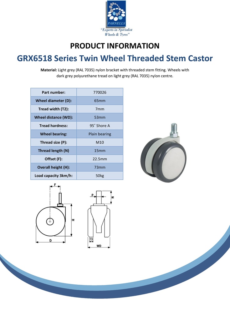 GRX6518 Series 2x65mm light grey twin wheel swivel threaded stem M10x15mm castor with dark grey polyurethane tread on light grey nylon centre wheels 50kg - Spec sheet