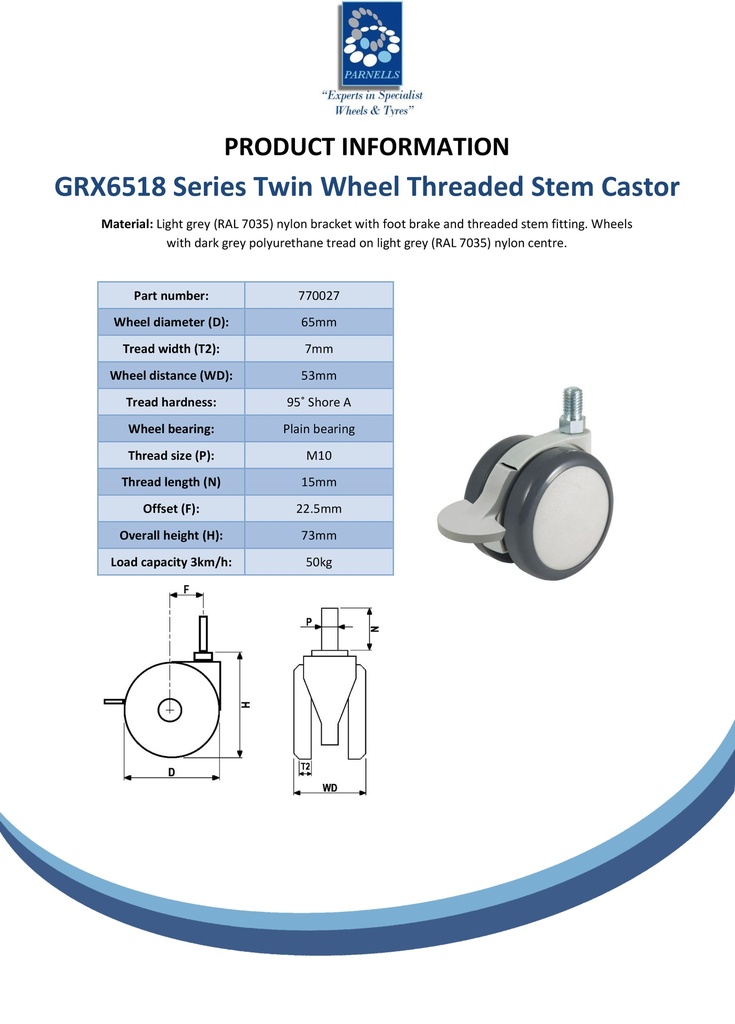 GRX6518 Series 2x65mm light grey twin wheel swivel/brake threaded stem M10x15mm castor with dark grey polyurethane tread on light grey nylon centre wheels 50kg - Spec sheet