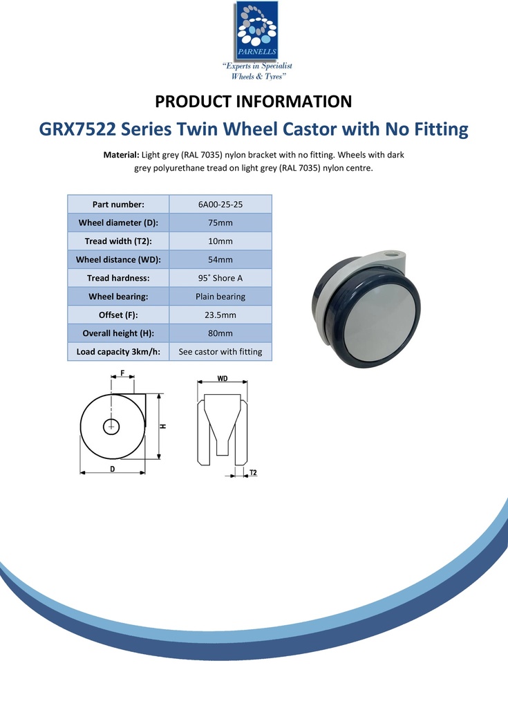 GRX7522 Series 2x75mm light grey twin wheel castor with dark grey polyurethane tread on light grey nylon centre wheels, no fitting - Spec sheet