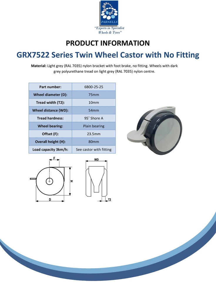 GRX7522 Series 2x75mm light grey twin wheel castor with foot brake, no fitting, dark grey polyurethane tread on light grey nylon centre wheels - Spec sheet