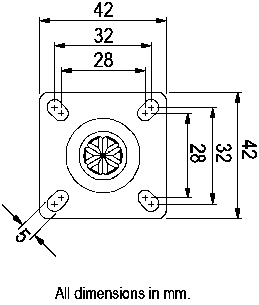 GRX7522 Series 2x75mm light grey twin wheel swivel top plate 42x42mm castor with dark grey polyurethane tread on light grey nylon centre wheels 50kg - Top plate dimensions