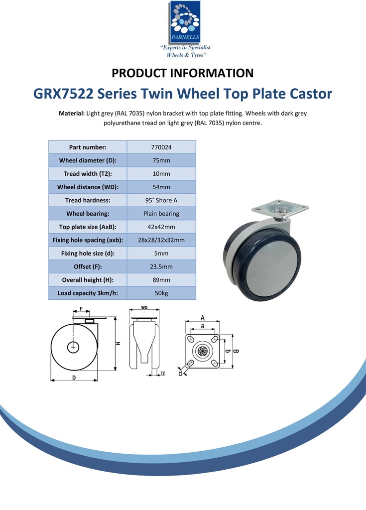 GRX7522 Series 2x75mm light grey twin wheel swivel top plate 42x42mm castor with dark grey polyurethane tread on light grey nylon centre wheels 50kg - Spec sheet