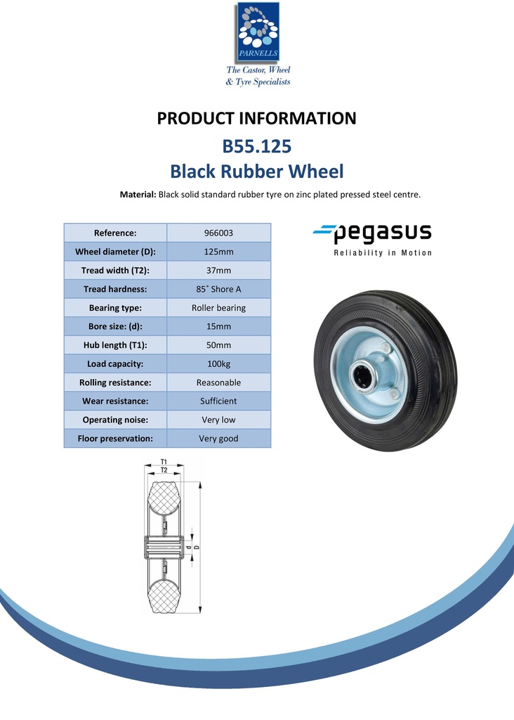 B55.125 Wheel series 125mm black rubber on zinc plated steel centre 15mm bore hub length 50mm roller bearing 100kg - Spec sheet