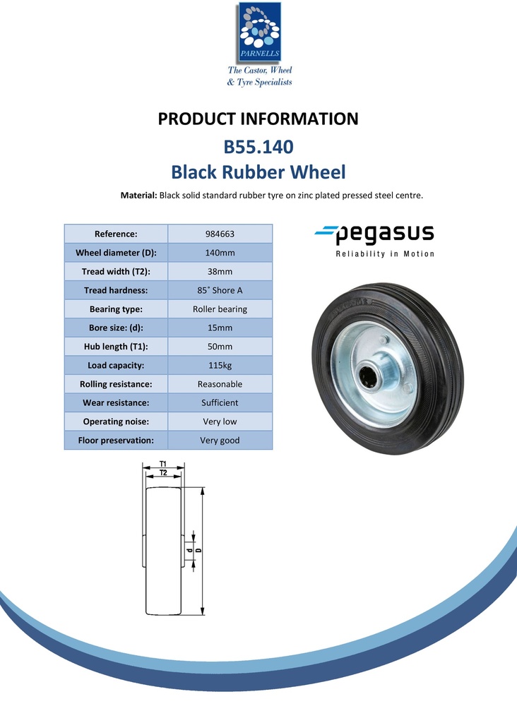 B55.140 Wheel series 140mm black rubber on zinc plated steel centre 15mm bore hub length 50mm roller bearing 115kg - Spec sheet