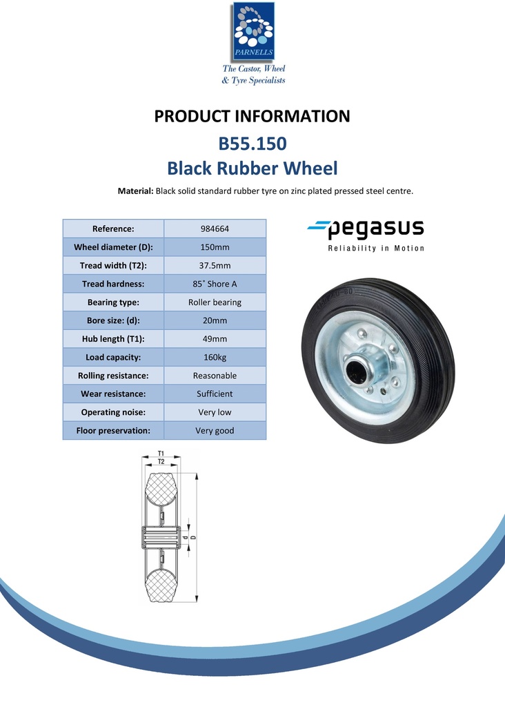 B55.150 Wheel series 150mm black rubber on zinc plated steel centre 20mm bore hub length 49mm roller bearing 160kg - Spec sheet