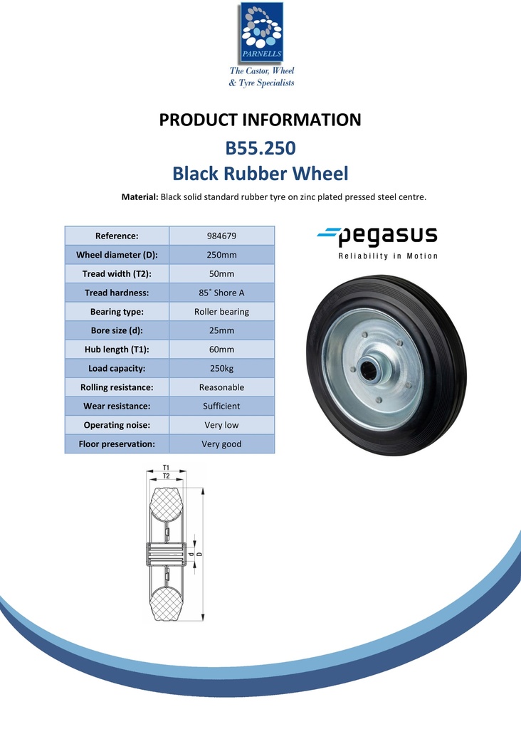 B55.250 Wheel series 250mm black rubber on zinc plated steel centre 25mm bore hub length 60mm roller bearing 250kg - Spec sheet
