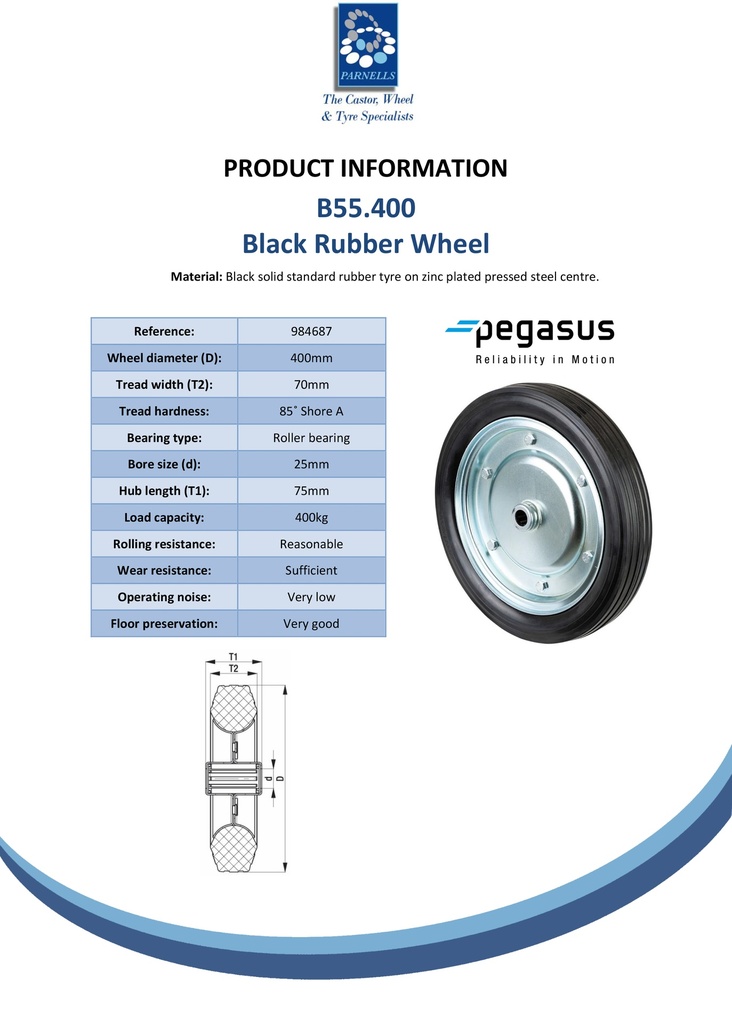 B55.400 Wheel series 400mm black rubber on zinc plated steel centre 25mm bore hub length 75mm roller bearing 400kg - Spec sheet