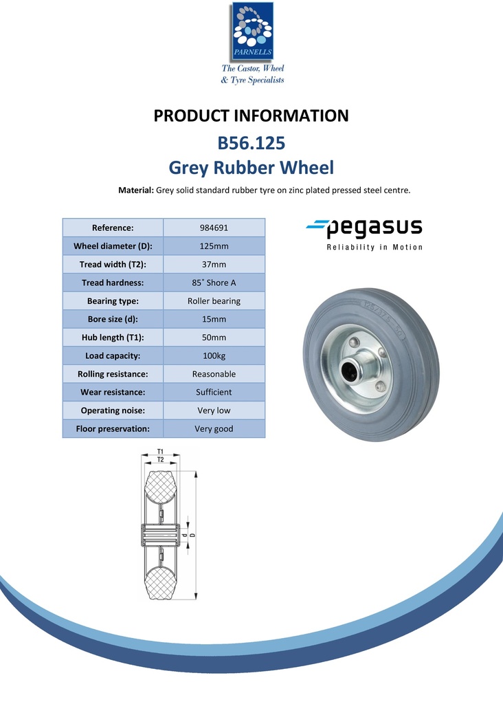B56.125 Wheel series 125mm grey rubber on zinc plated steel centre 15mm bore hub length 50mm roller bearing 100kg - Spec sheet
