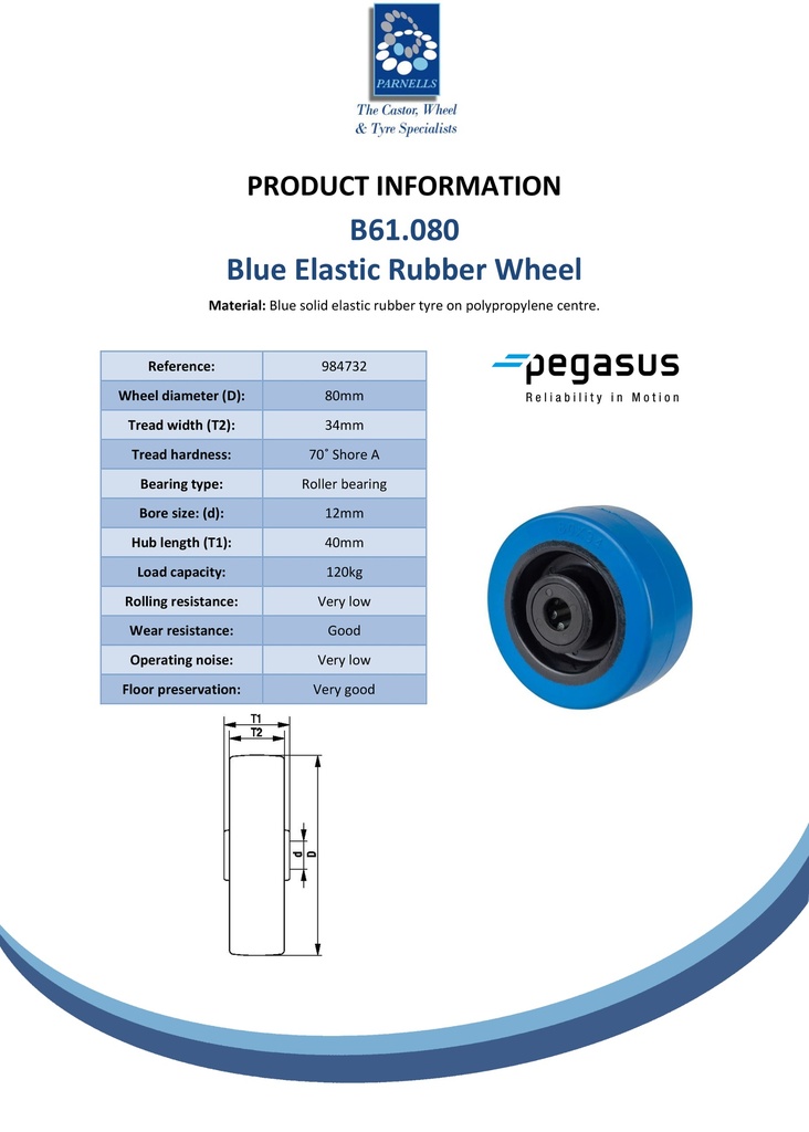 B61.080 Wheel series 80mm blue elastic rubber on polypropylene centre 12mm bore hub length 40mm roller bearing 120kg - Spec sheet