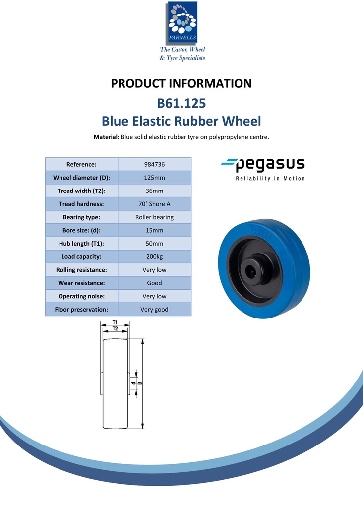 B61.125 Wheel series 125mm blue elastic rubber on polypropylene centre 15mm bore hub length 50mm roller bearing 200kg - Spec sheet