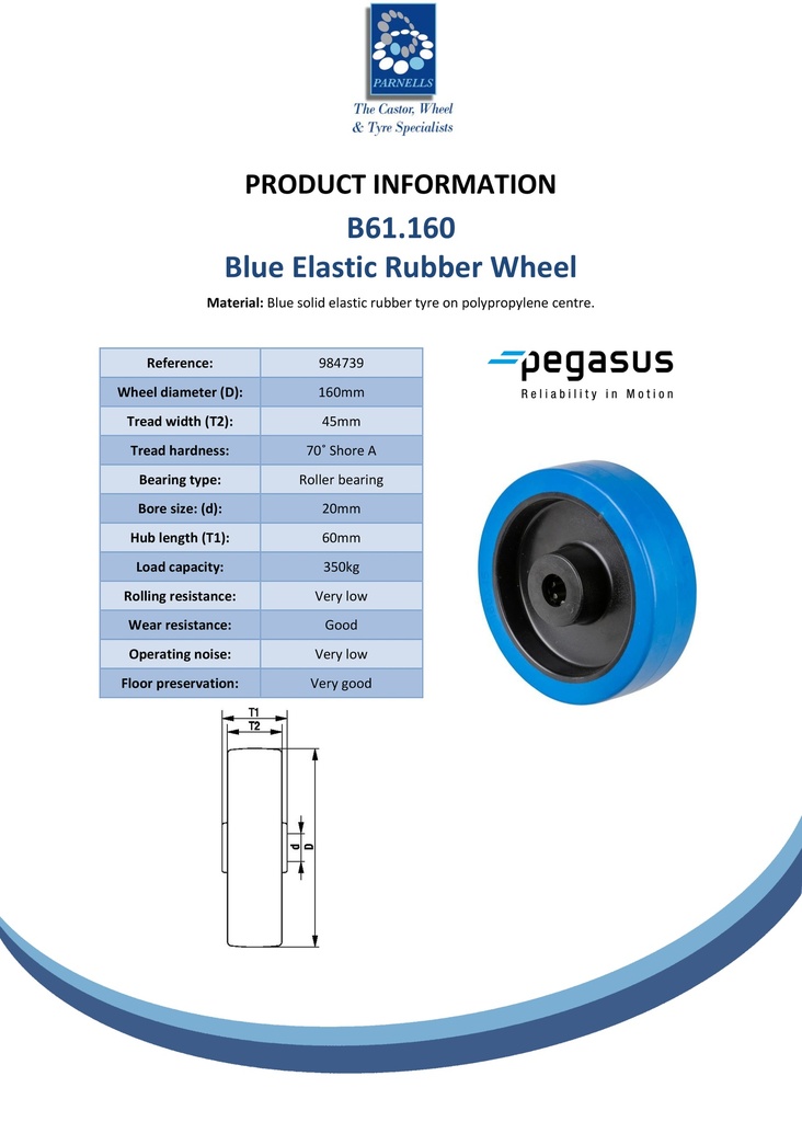 B61.160 Wheel series 160mm blue elastic rubber on polypropylene centre 20mm bore hub length 60mm roller bearing 350kg - Spec sheet