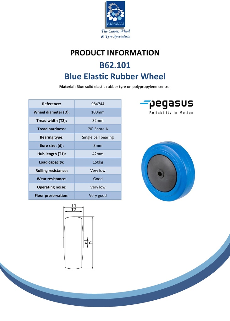 B62.101 Wheel series 100mm blue elastic rubber on polypropylene centre 8mm bore hub length 42mm single ball bearing 150kg - Spec sheet