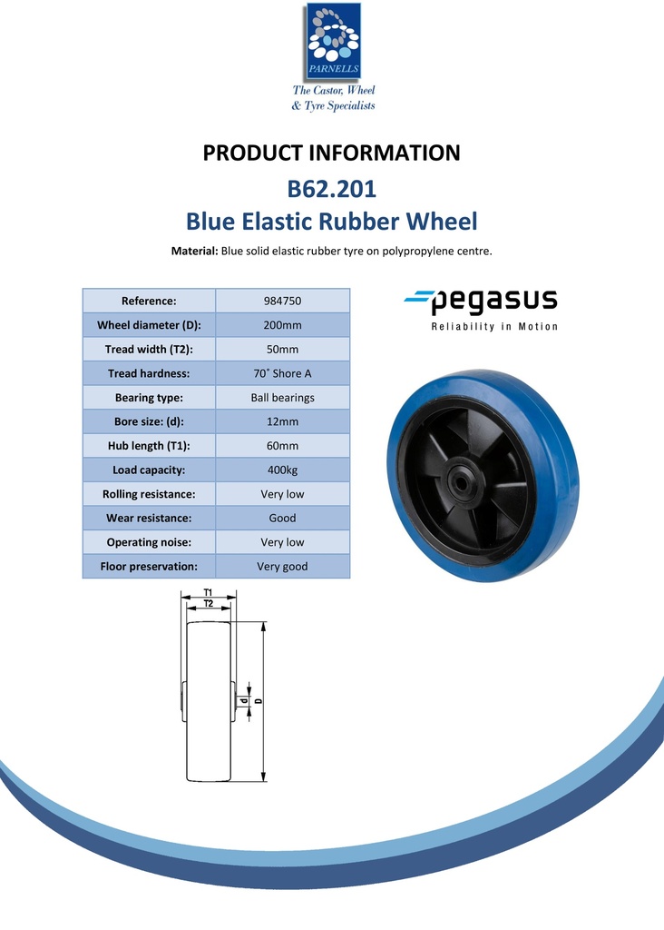 B62.201 Wheel series 200mm blue elastic rubber on polypropylene centre 12mm bore hub length 60mm ball bearings 400kg - Spec sheet